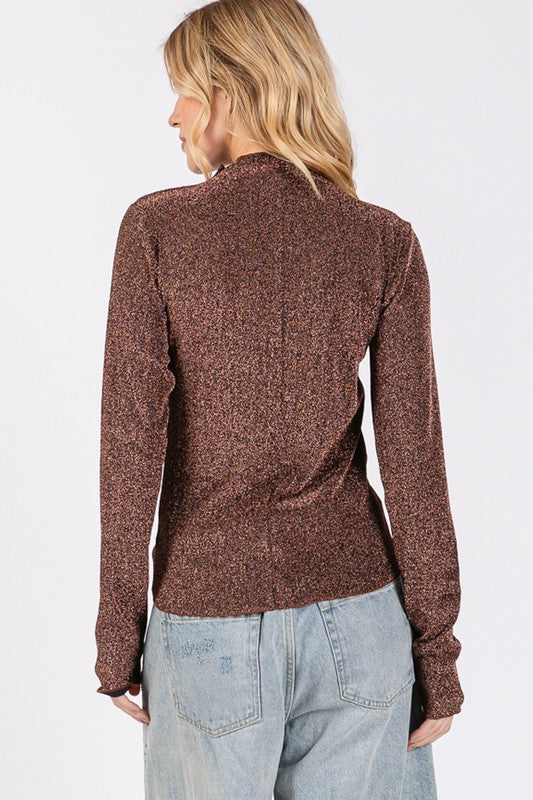 SAGE + FIG Glitter Mock Neck Lettuce Hem Long Sleeve Top - felvior