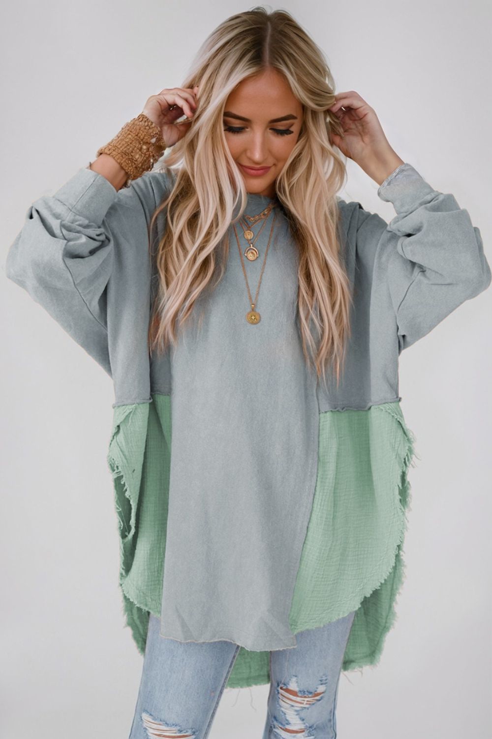 Contrast Texture Round Neck Long Sleeve Blouse - felvior