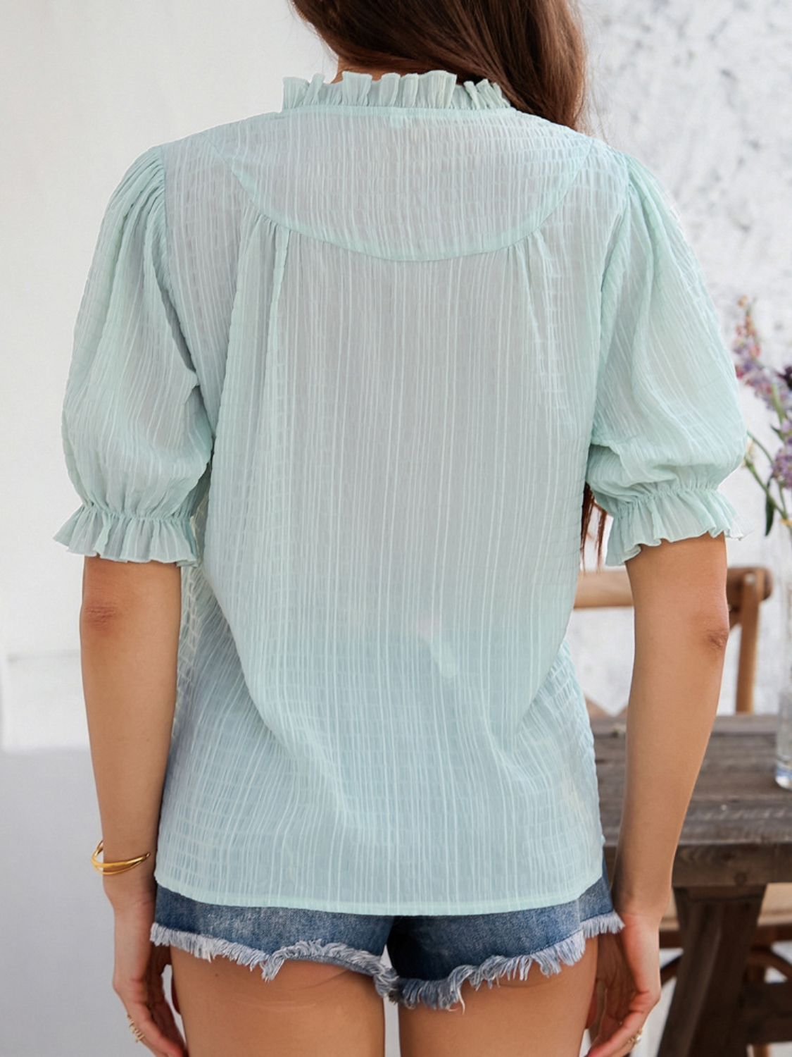 Devine Frill Notched Short Sleeve Blouse - felvior