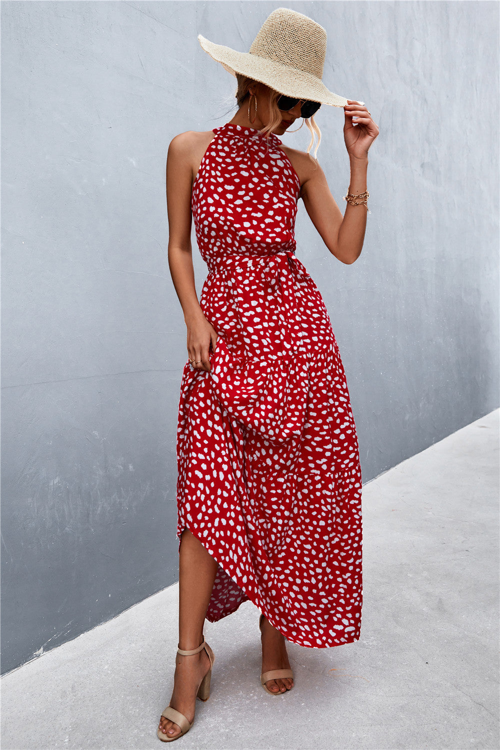 Printed Sleeveless Tie Waist Maxi Dress - felvior