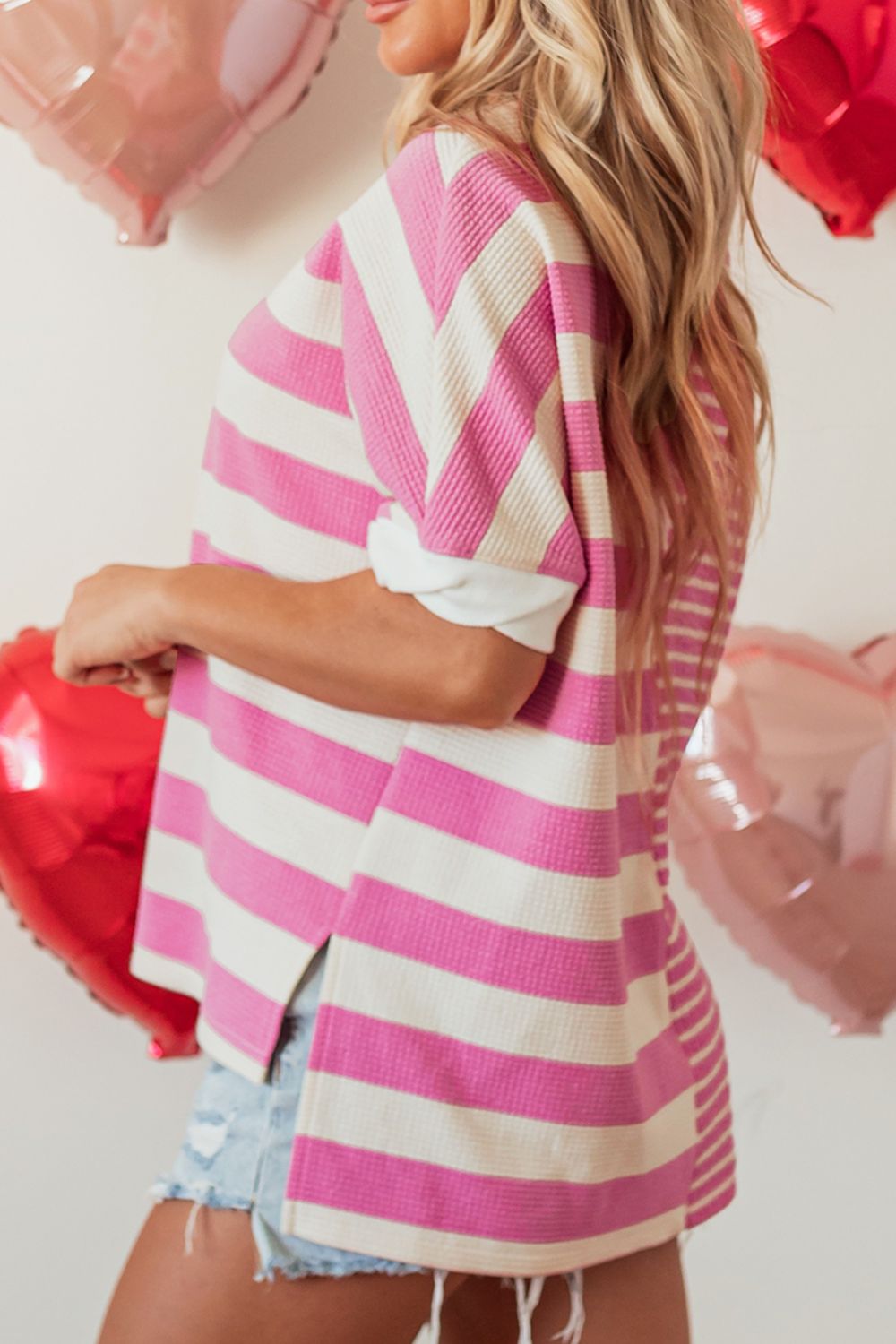 High-Low Striped Round Neck Short Sleeve T-Shirt Secondary image