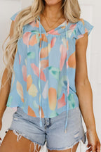 Splotches Pattern Ruffled Cap Sleeve Blouse