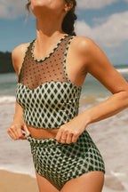 Dotted Mesh Plaid Patchwork High Waisted Swim Set