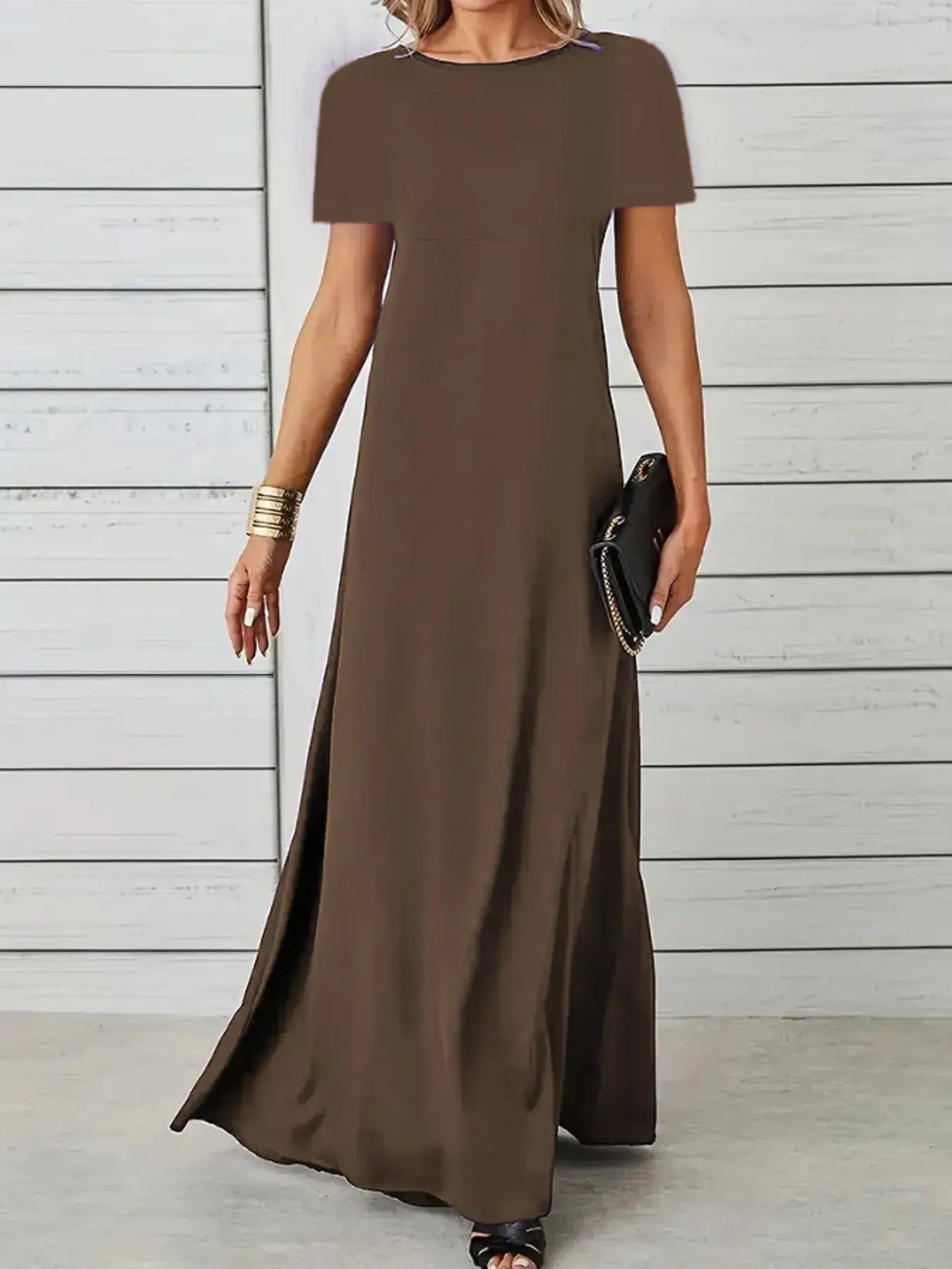 Full Size Round Neck Short Sleeve A-Line Maxi Dress Plus Size