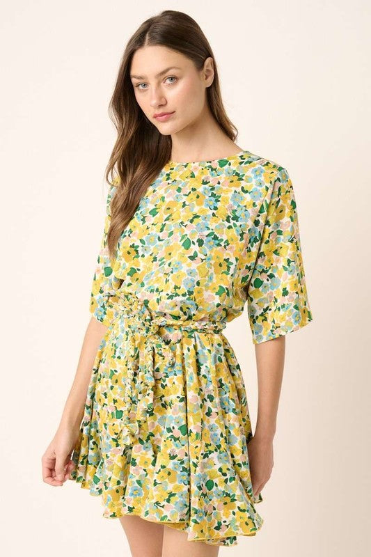 Mittoshop Floral Tie Waist Half Sleeve Mini Dress - felvior