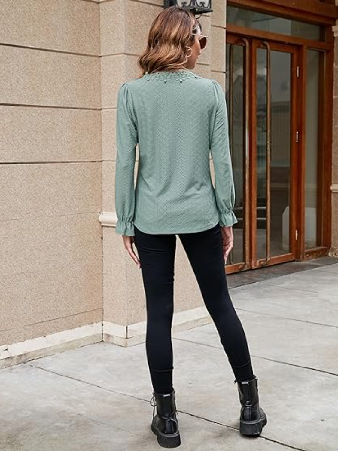 Lace Detail Eyelet V-Neck Flounce Sleeve Blouse - felvior