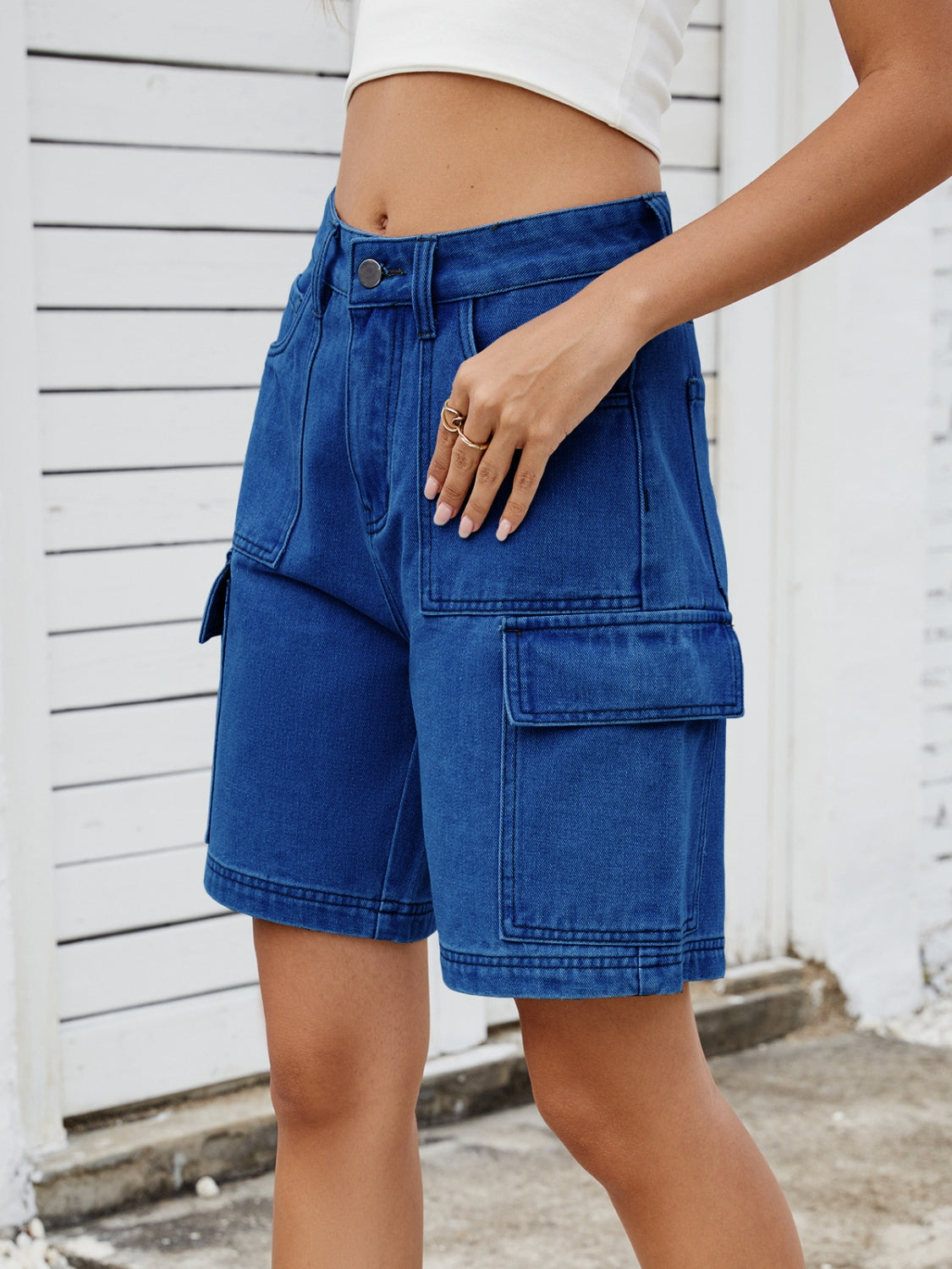 High Waist Denim Shorts with Cargo Pockets - felvior