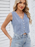 V-Neck Button Down Denim Vest - felvior