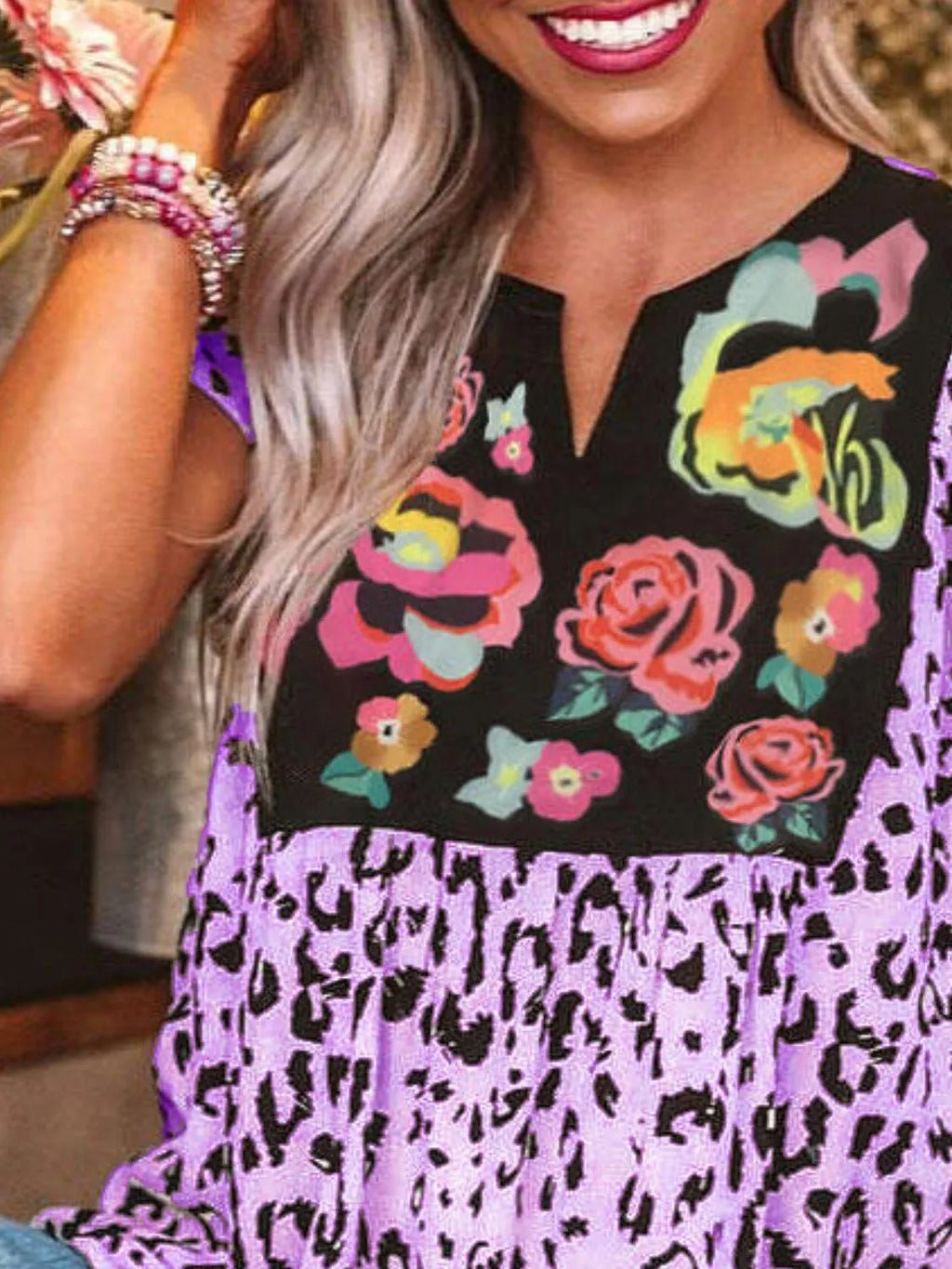 Full Size Leopard Floral Notched Cap Sleeve Blouse Plus Size