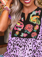 Full Size Leopard Floral Notched Cap Sleeve Blouse Plus Size