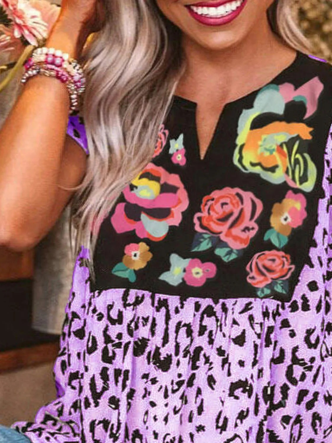 Full Size Leopard Floral Notched Cap Sleeve Blouse Plus Size - felvior