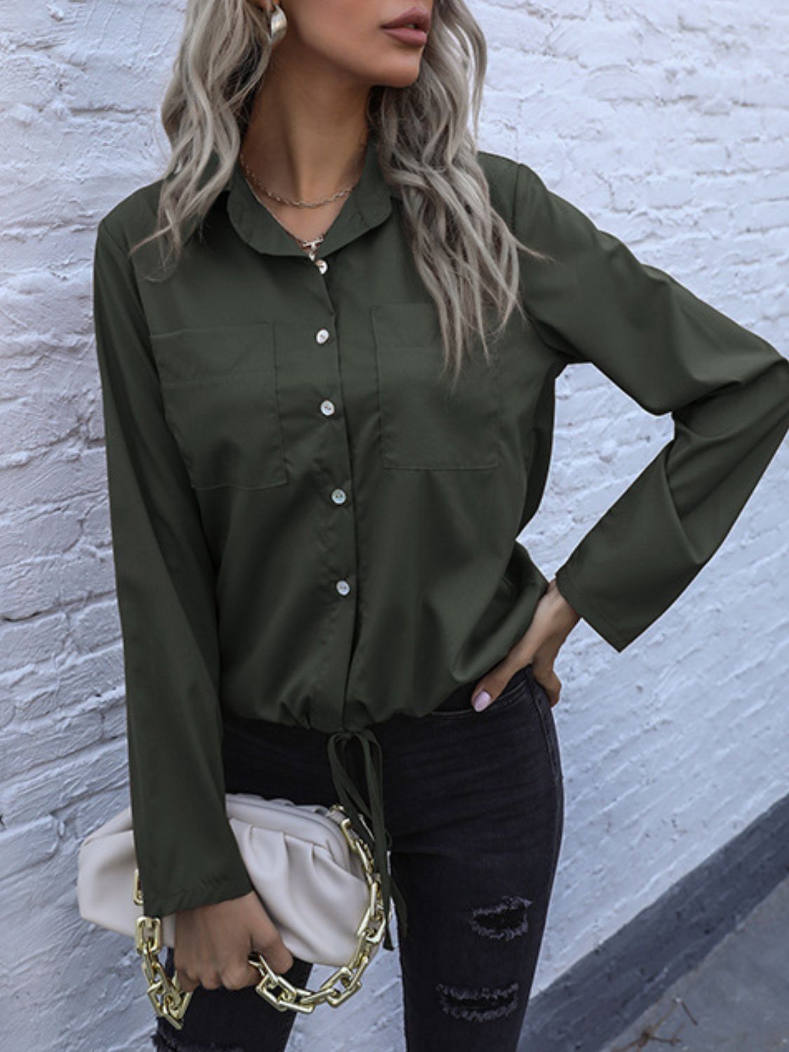 Perfee Tied Hem Button Down Long Sleeve Shirt - felvior