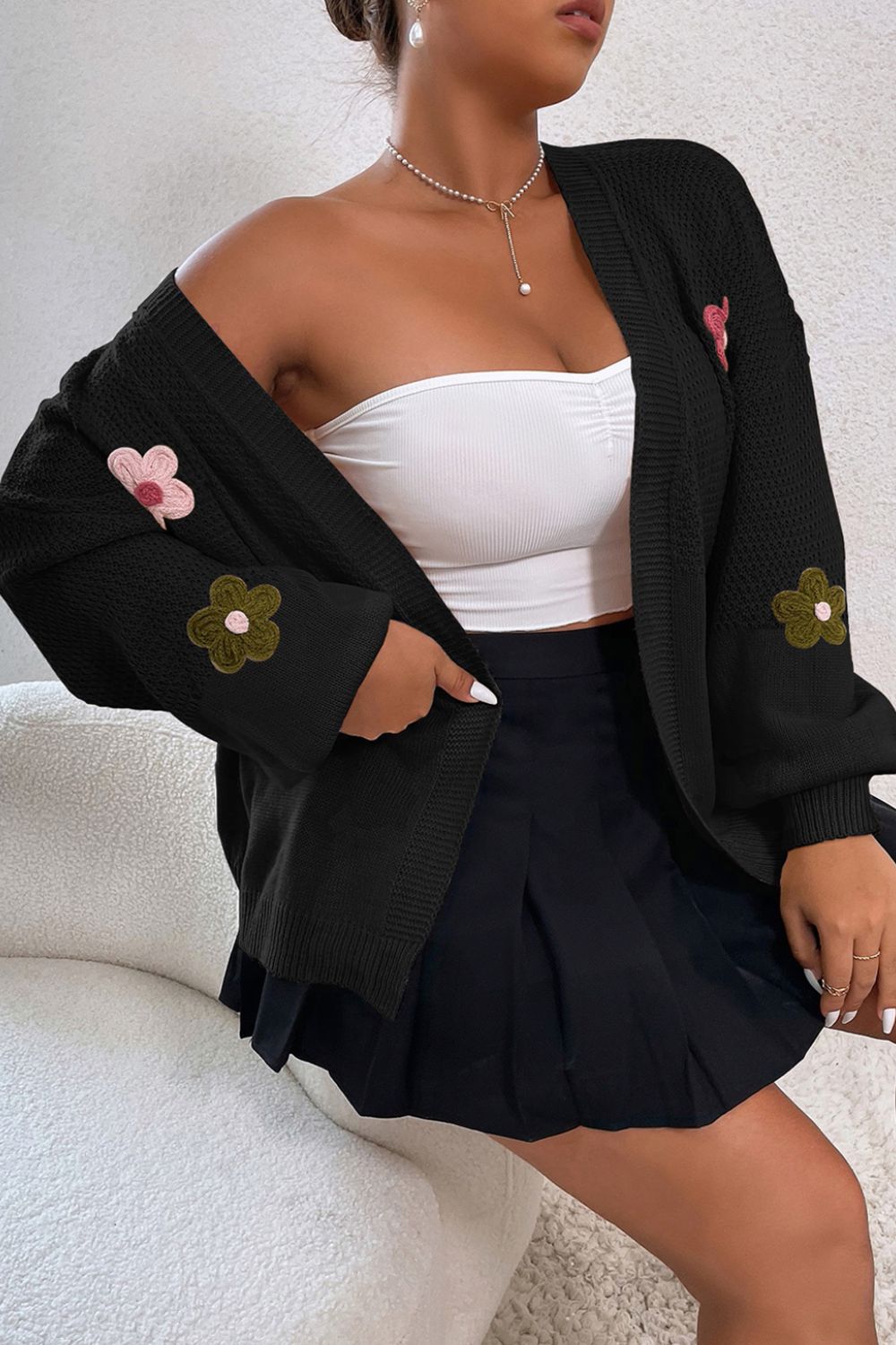 Floral Applique Drop Shoulder Open Front Cardigan - felvior
