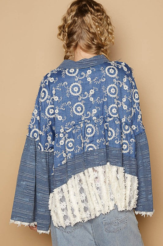 POL Lace Hem Embroidered Long Sleeve Shirt - felvior
