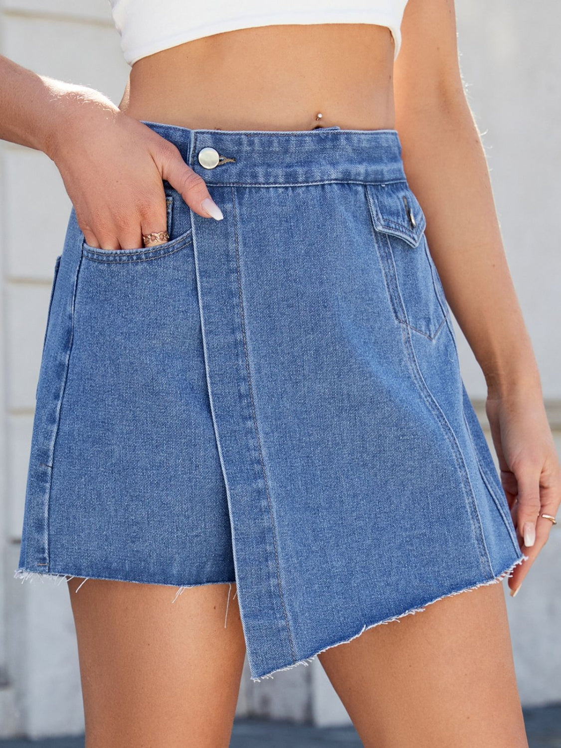 Frayed Hem Asymmetrical Denim Skort - felvior