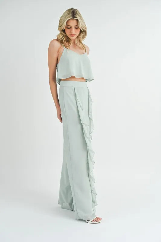 MABLE Crop Cami and Ruffled Wide Leg Pants Set - felvior
