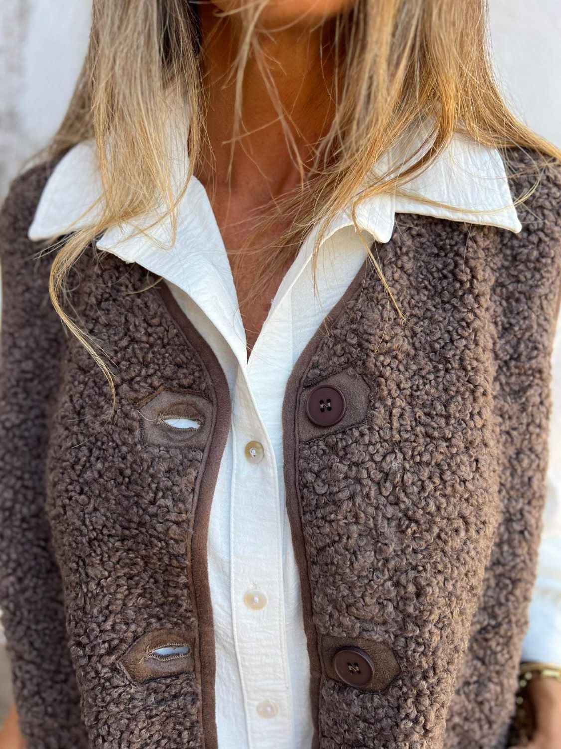 Full Size Pocketed Button Up V-Neck Sherpa Vest - felvior