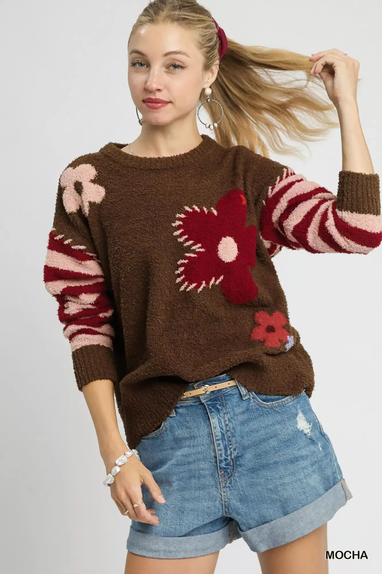 Umgee Flower Jacquard Striped Long Sleeve Sweater Hauptbild