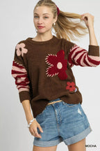 Umgee Flower Jacquard Striped Long Sleeve Sweater