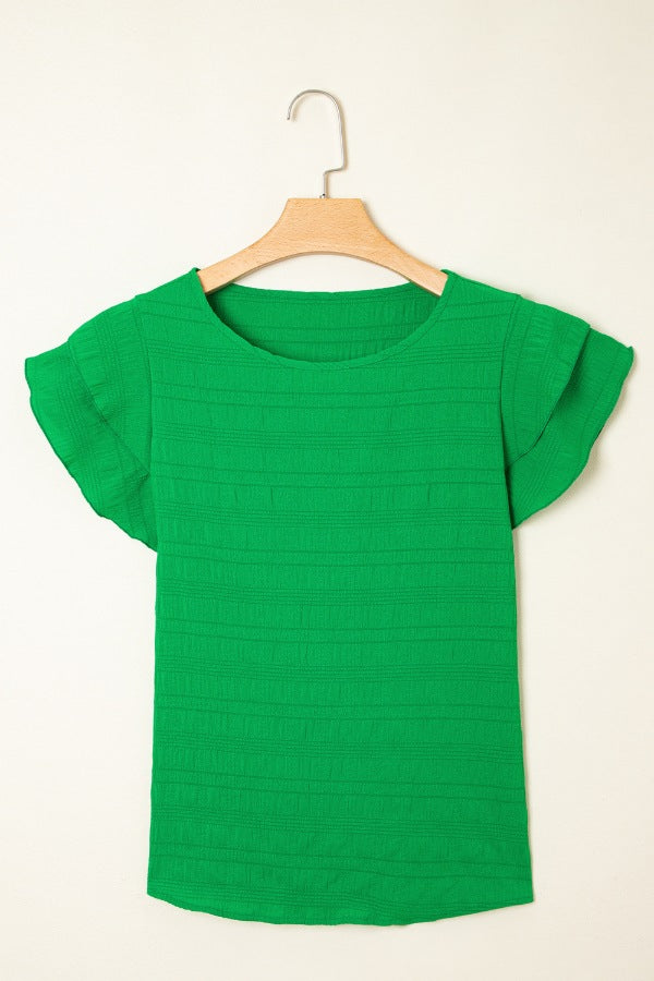Textured Ruffled Sleeve Round Neck Top - felvior