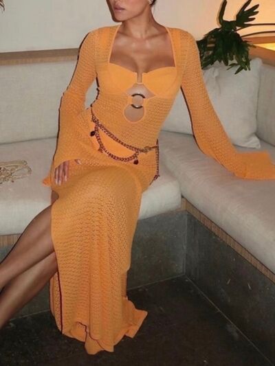 Slit Plunge Flare Sleeve Cover-Up Dress - felvior