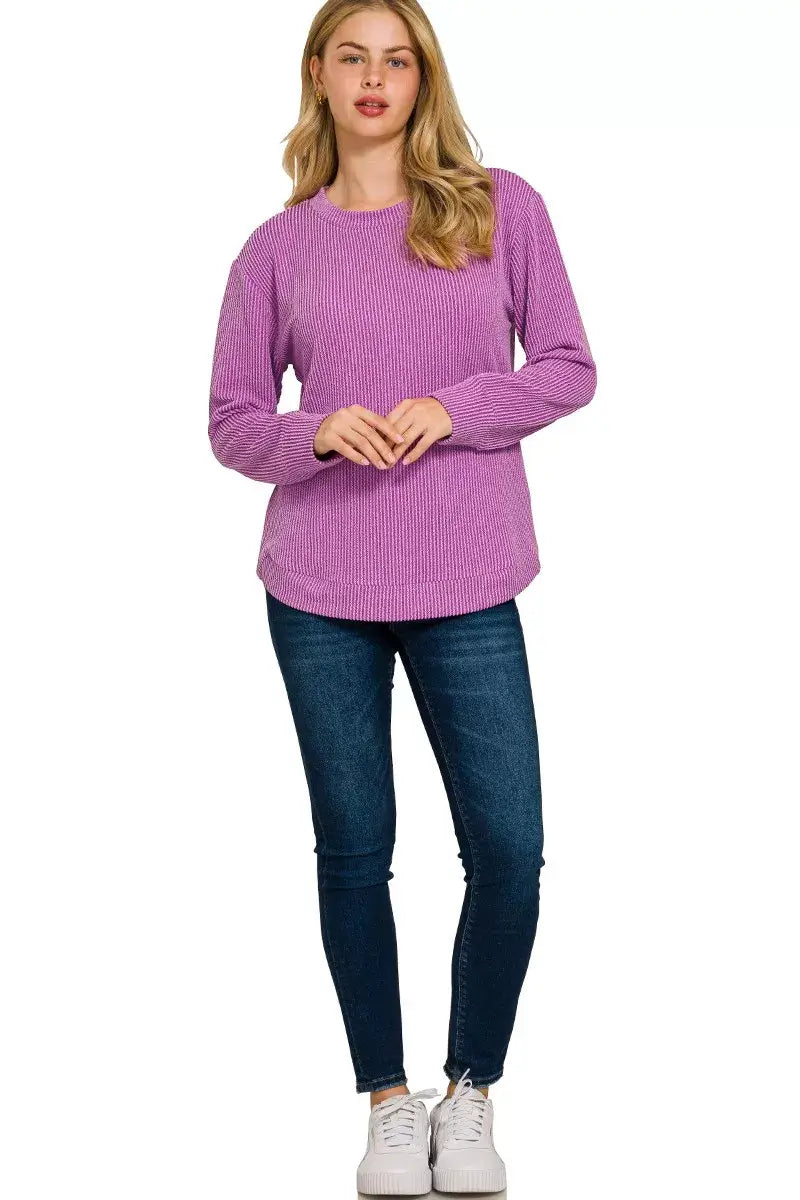 Zenana Full Size Raised Rib Round Neck Long Sleeve Top Plus Size