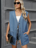 V-Neck Button Up Denim Vest - felvior