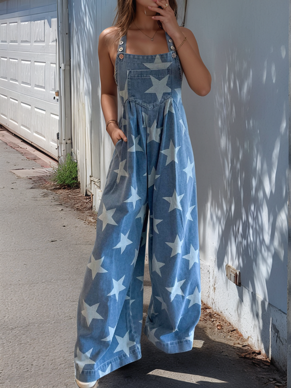 Star Print Buttoned Strap Wide Leg Denim Overalls - felvior