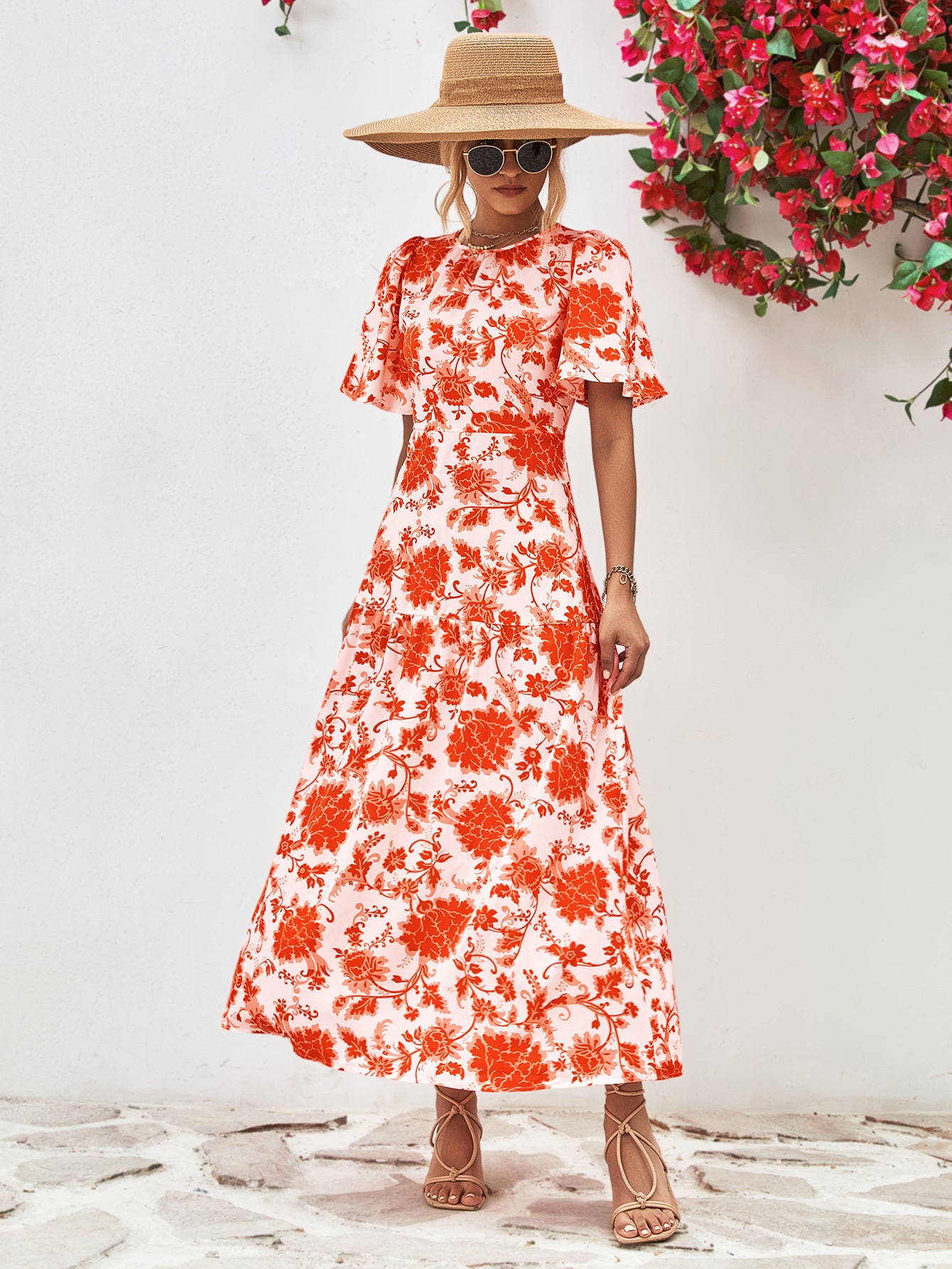 Floral Round Neck Tied Open Back Dress - felvior