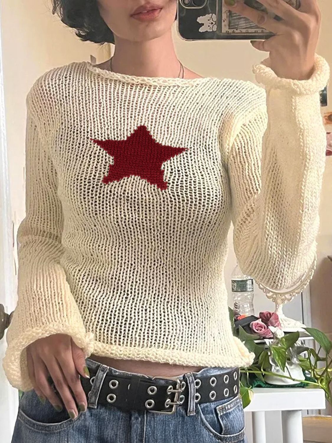 Devine Star Boat Neck Long Sleeve Knit Top - felvior