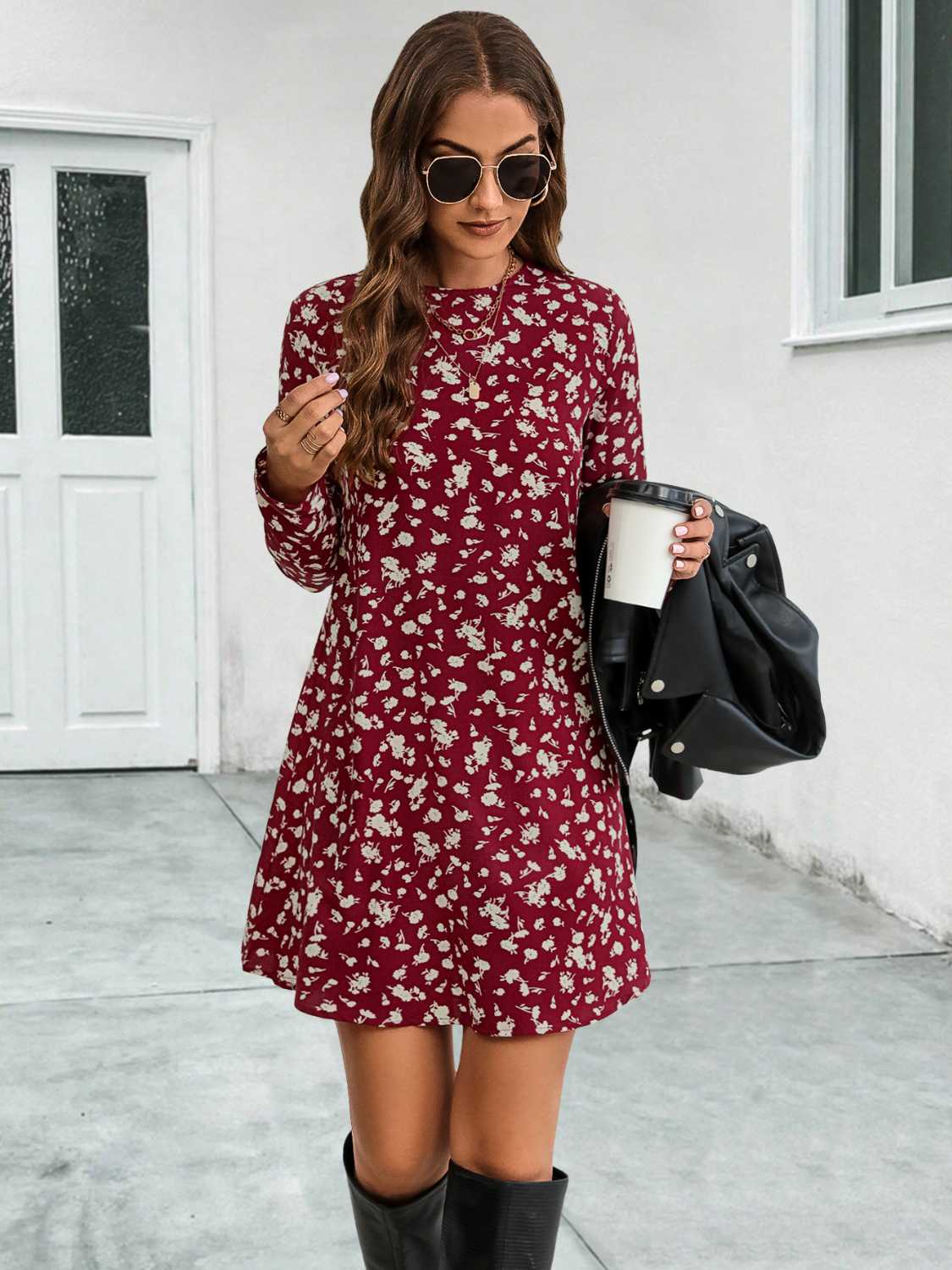 Round Neck Long Sleeve Mini Dress - felvior