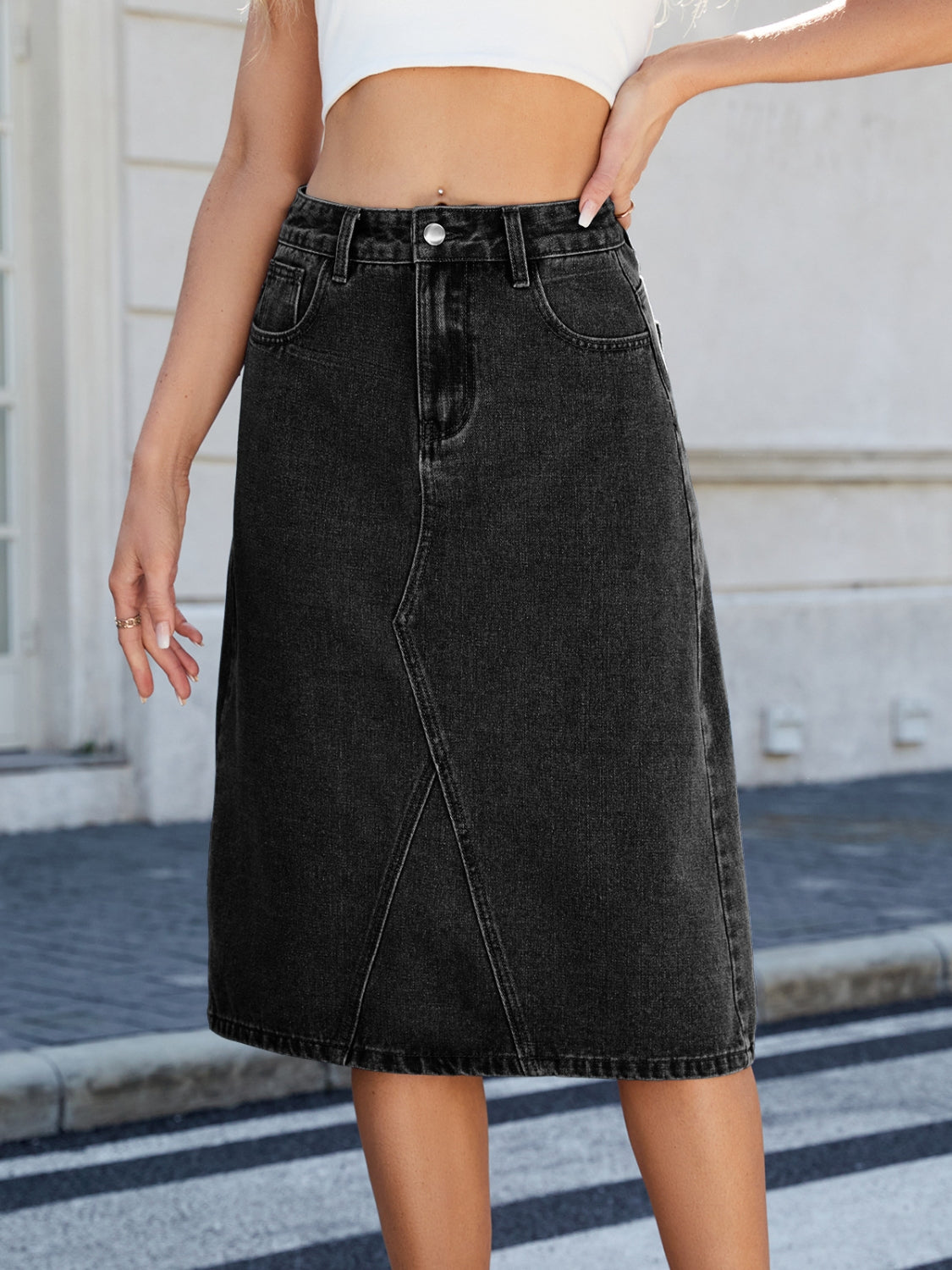 Slit Back Midi Denim Skirt
