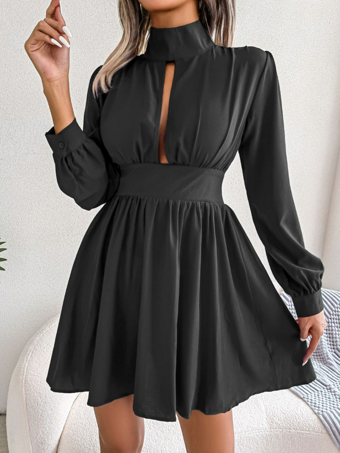 Cutout Turtleneck A-Line Mini Dress - felvior