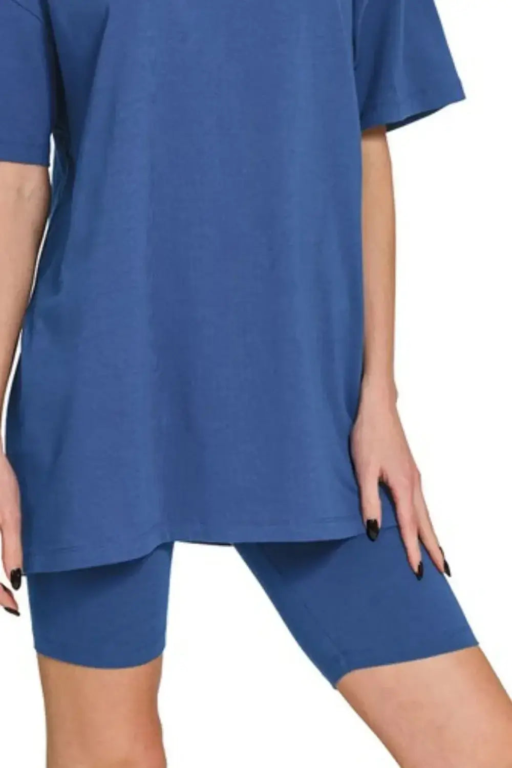 Zenana Cotton Round Neck Top & Biker Shorts