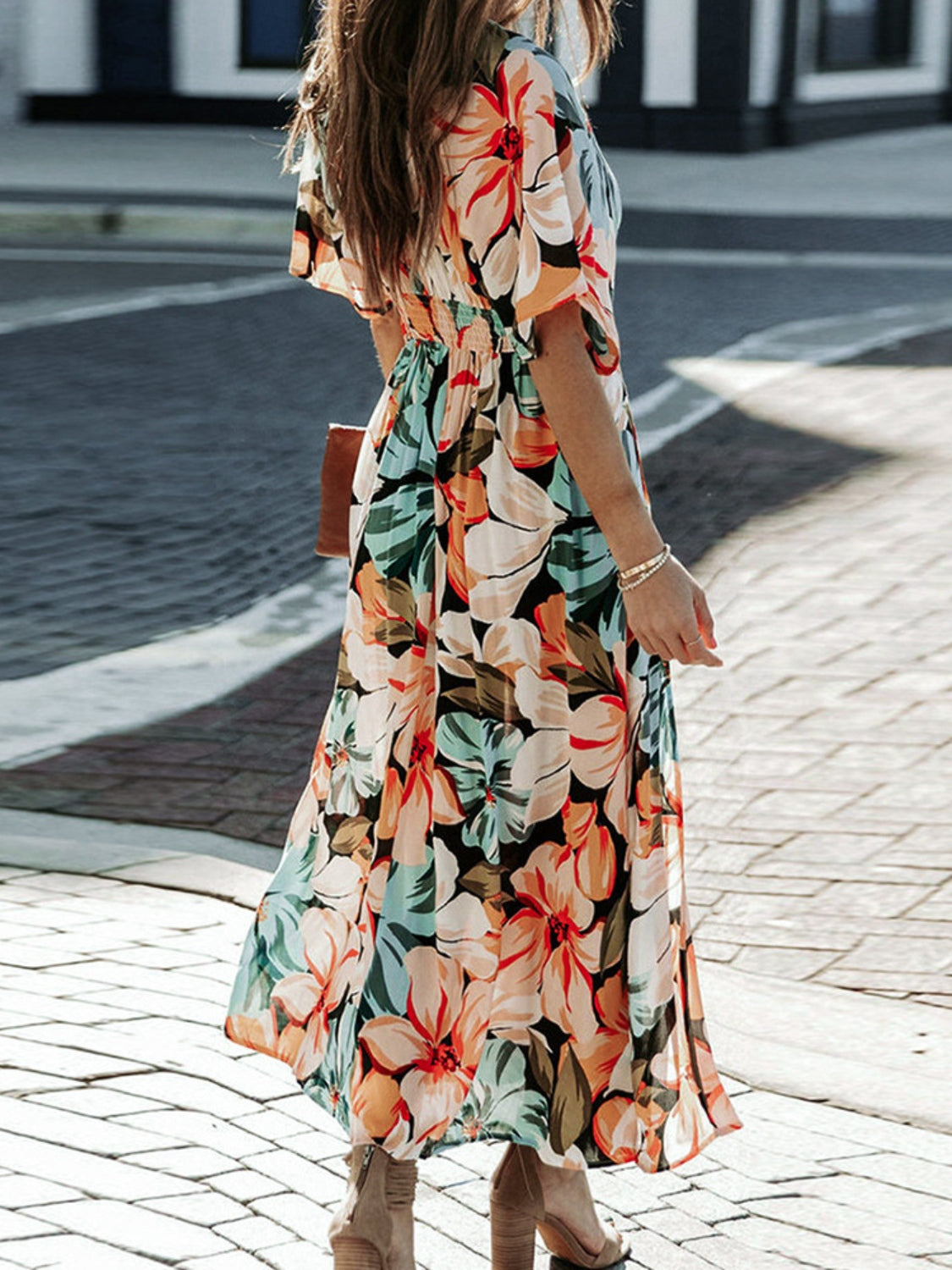 Floral Plunge Half Sleeve Dress - felvior