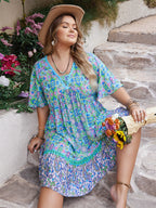 Plus Size Ruffled Hem Lace Detail Printed Half Sleeve Dress