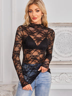 Mock Neck Long Sleeve Lace Sheer Top