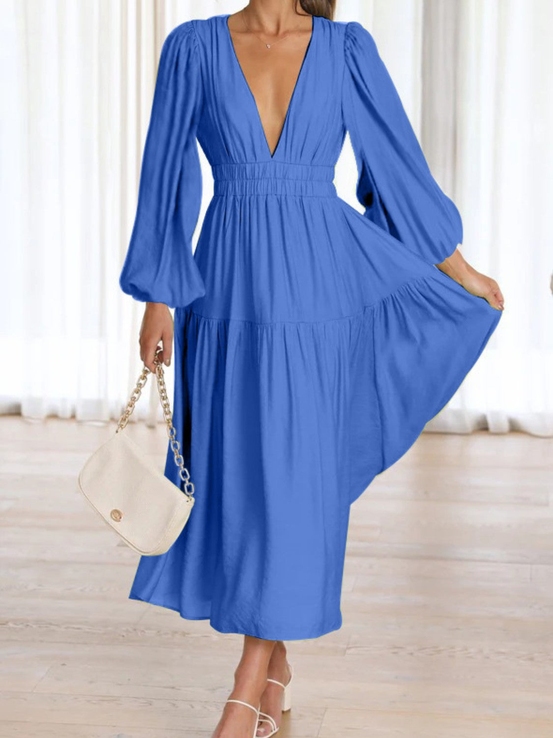 Deep V-Neck Balloon Sleeve Plain Maxi Dress - felvior