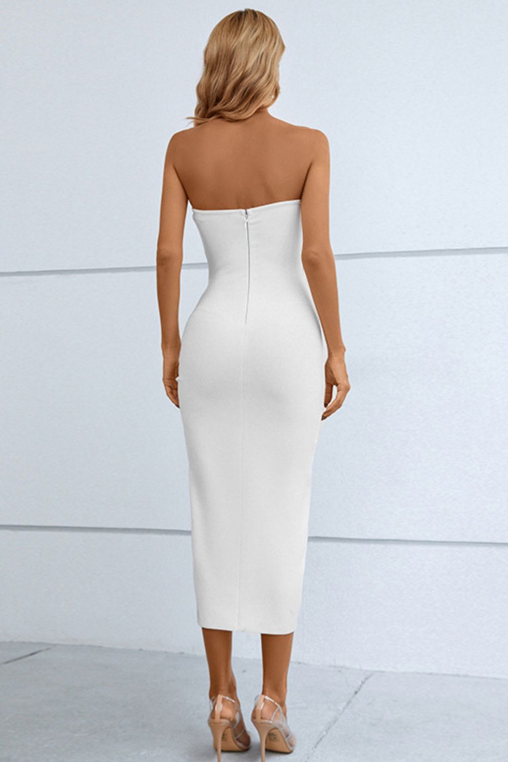 Cutout Strapless Drawstring Detail Split Bandage Dress - felvior
