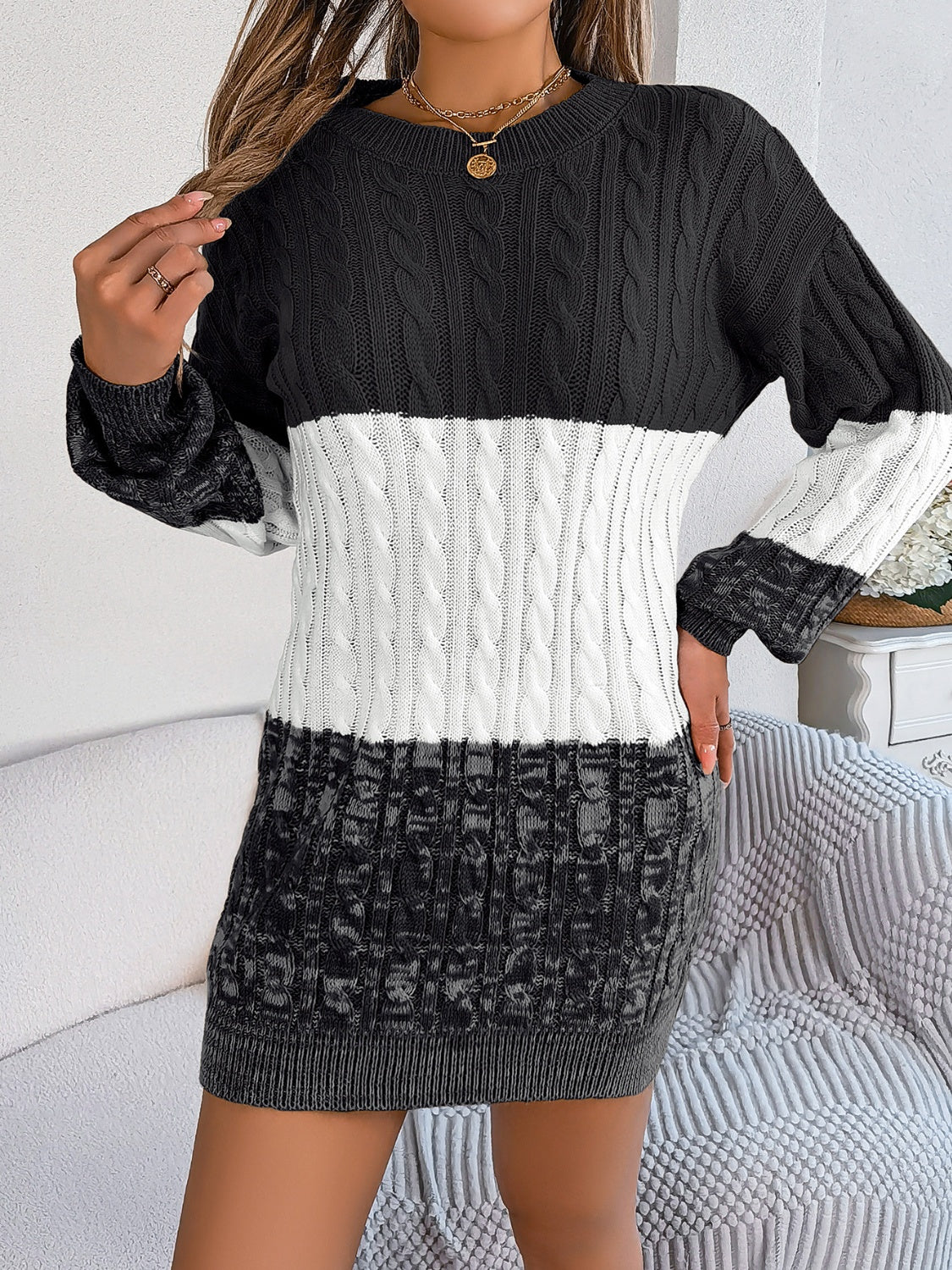 Cable-Knit Round Neck Color Block Sweater Dress - felvior