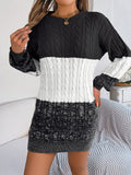 Cable-Knit Round Neck Color Block Sweater Dress - felvior