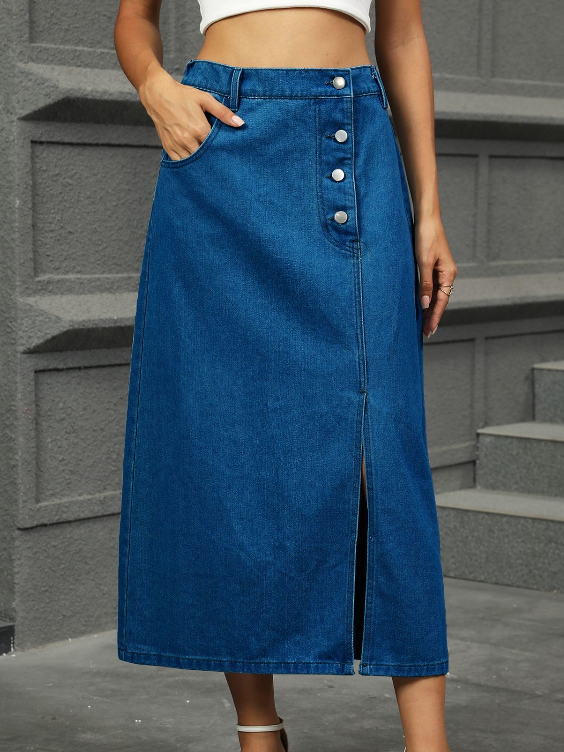 Slit Button Detail Denim Midi Skirt - felvior