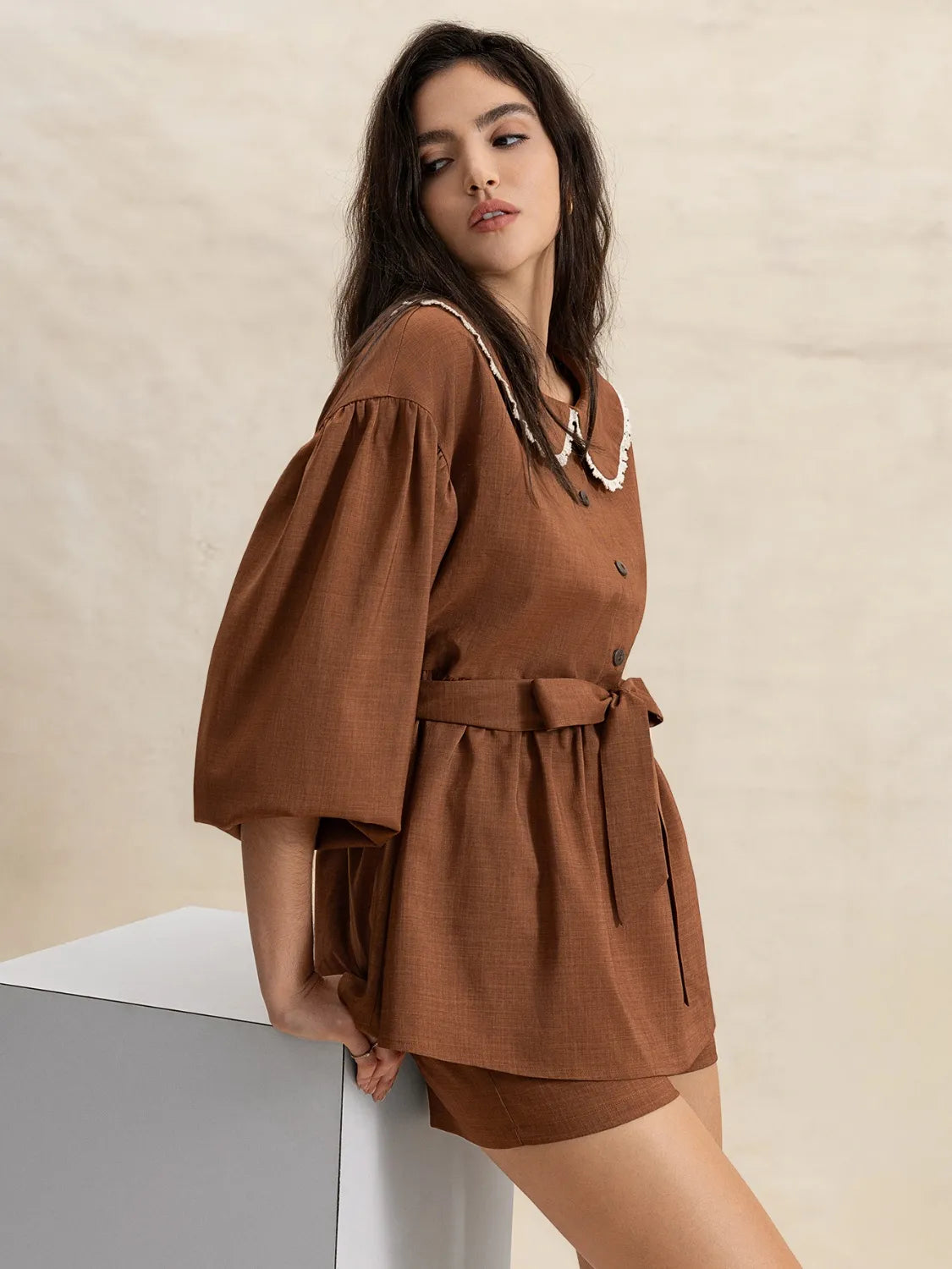 Peter Pan Collar Balloon Sleeve Top and Shorts Set