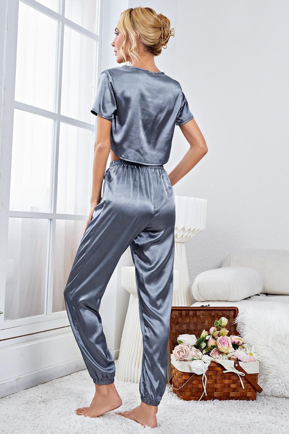 Satin Short Sleeve Crop Top and Joggers Lounge Set Secondary image
