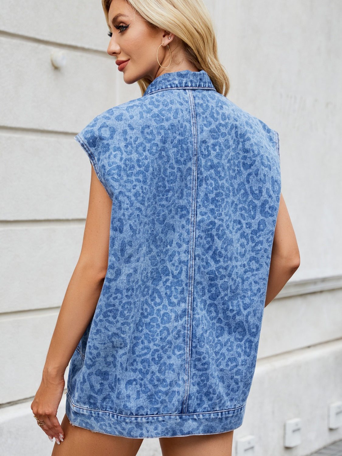 Leopard Button Up Cap Sleeve Denim Jacket - felvior