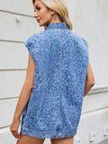 Leopard Button Up Cap Sleeve Denim Jacket - felvior