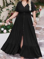 Plus Size Ruffled Hem Button Down V-Neck Short Sleeve Maxi Dress