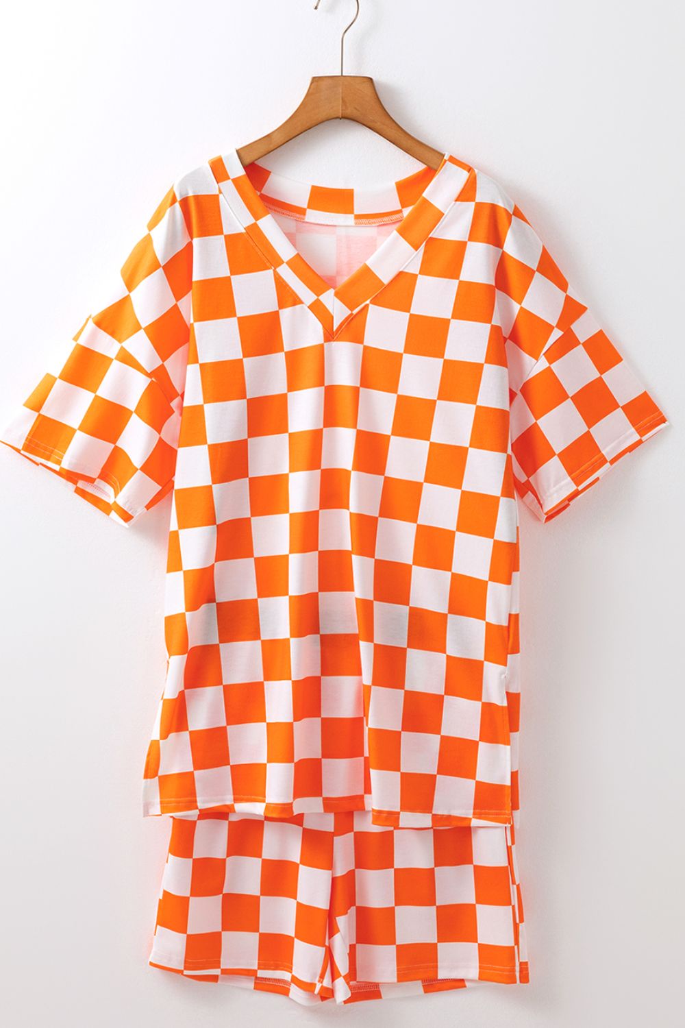 Checkerboard V Neck Loose Tee and Shorts Set - felvior