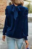 Tie Up Mock Neck Velvet Fabric Long Sleeve Blouse - felvior