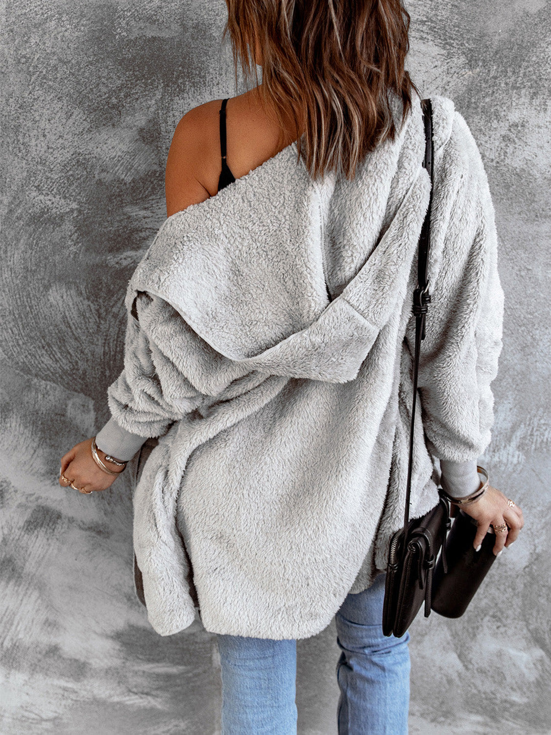 Open Front Hooded Faux Fur Outwear with Pockets - felvior